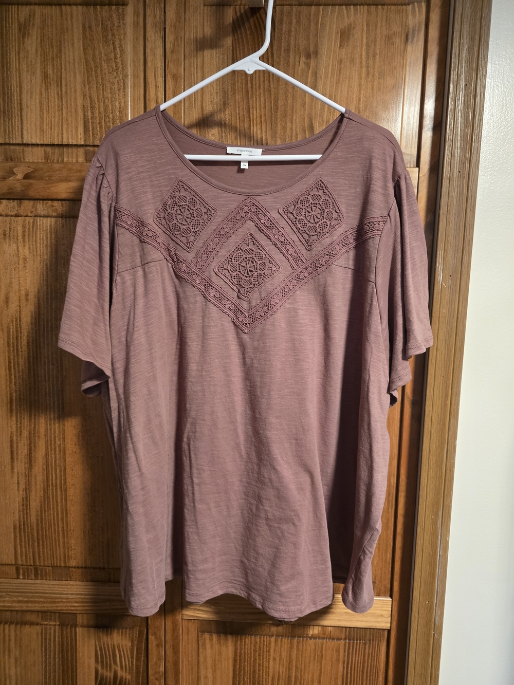 Crochet Yoke Short Sleeve Tunic Top - Mauve